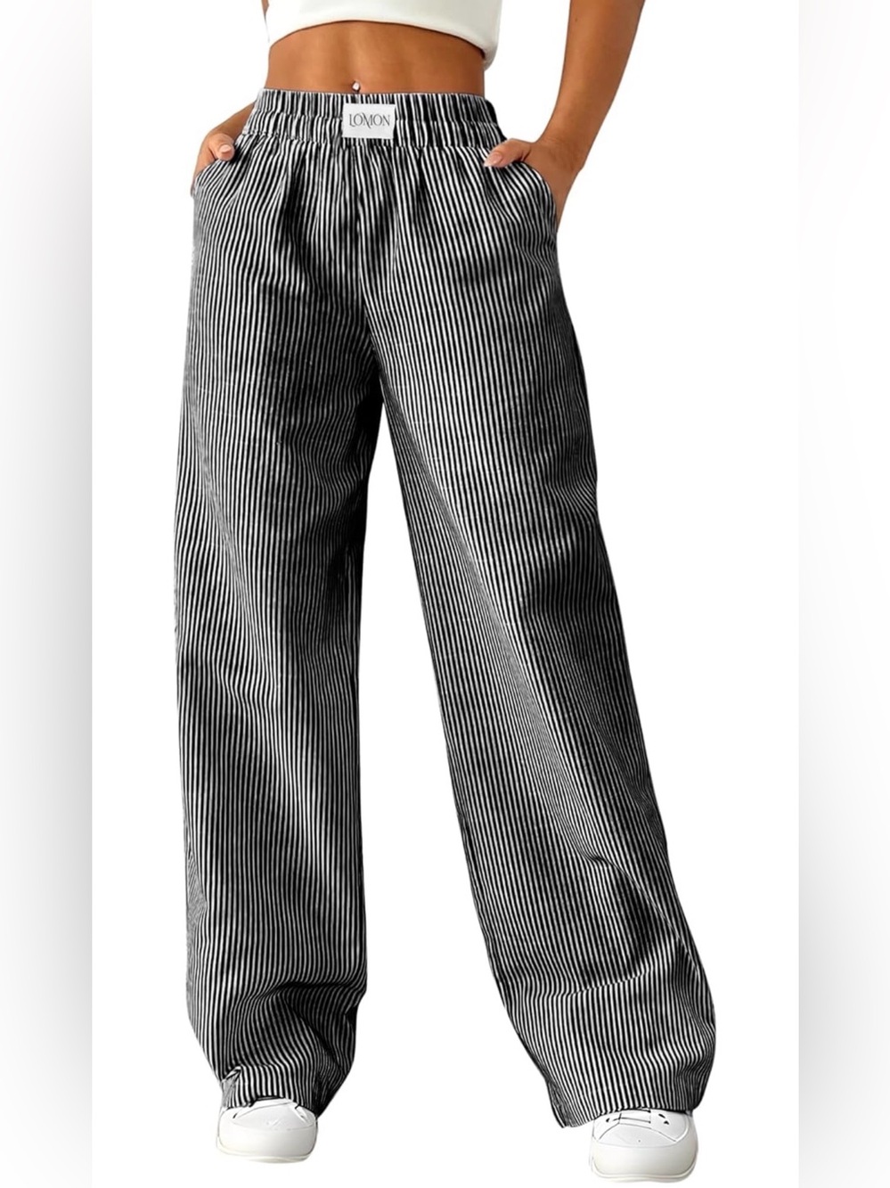 LOMON Striped Wide-Leg Track Pants - Black & White Striped